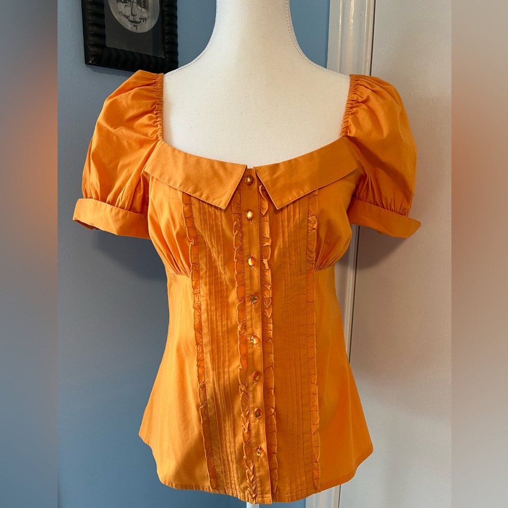 Odille Orange Puff-Sleeve Button-Front Blouse
